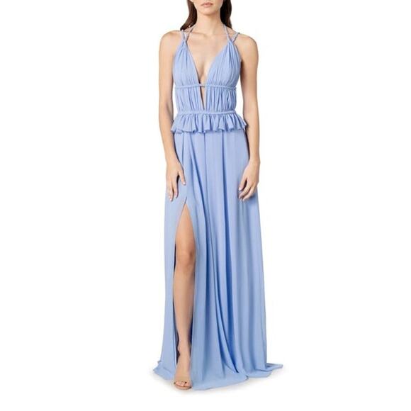 Dress the Population Athena Braided Blue Plunge V-Neck Halter Gown S NWT - Picture 1 of 9